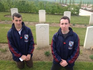 Murray and Patrick Cooke, related through their great great grandmother Margaret (Markham) (Murray) Harris (1877 – 1957), visit Albert Lane’s grave at Villers Brettoneux, France, on ANZAC DAY 2014.